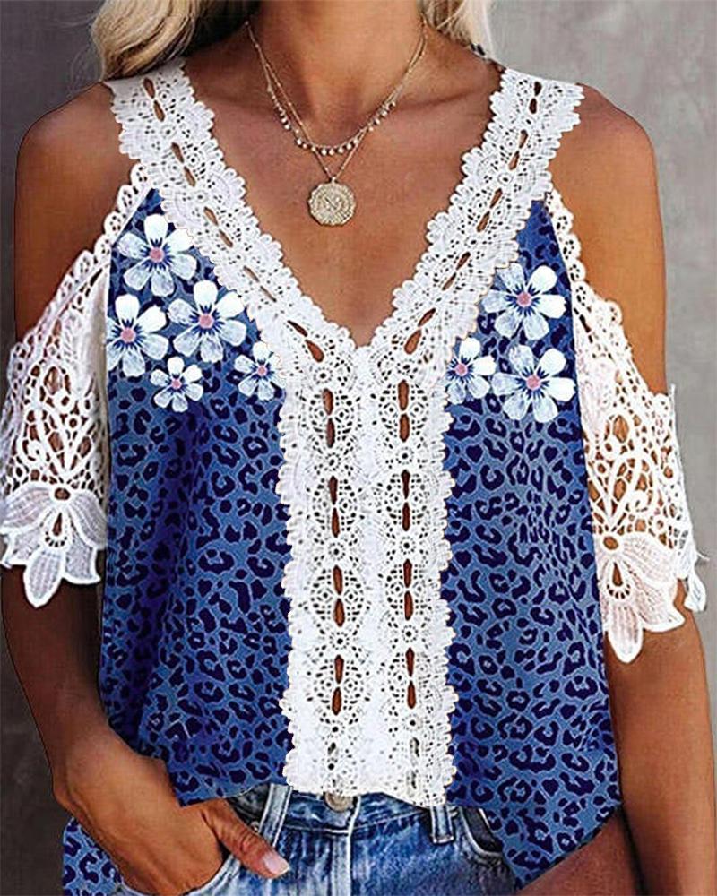 

Cold Shoulder Cheetah Floral Print Lace Patch Top, Dark blue