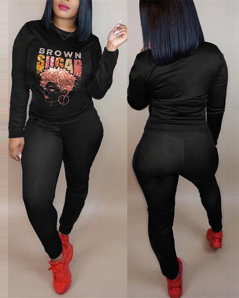 

Figure Letter Print Long Sleeve Top & Pants Set, Black