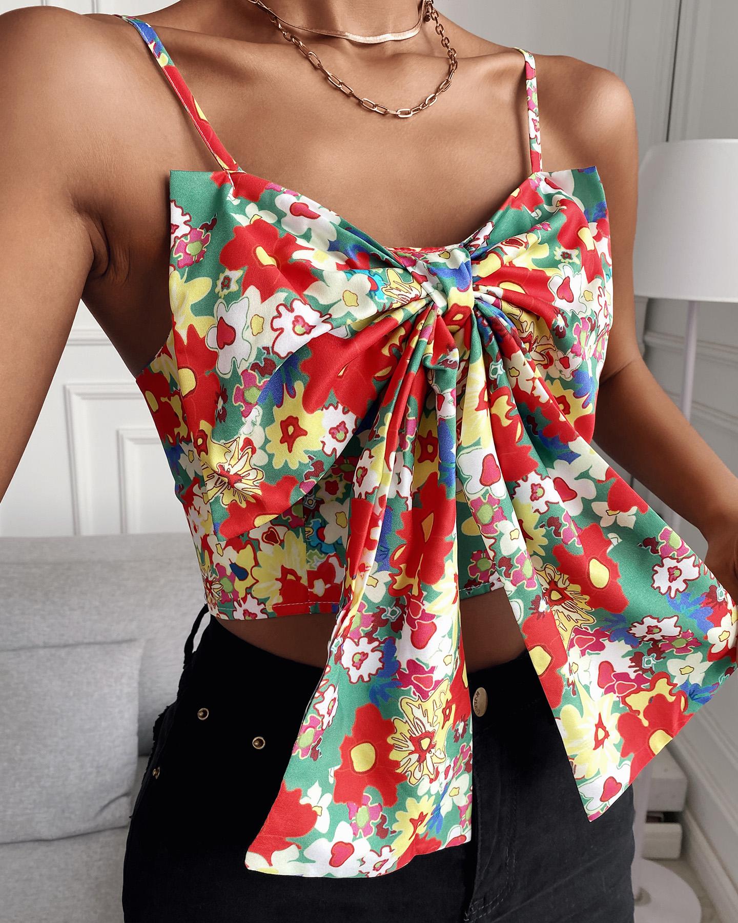 

Floral Print Bowknot Crop Backless Shirred Cami Top, Multicolor