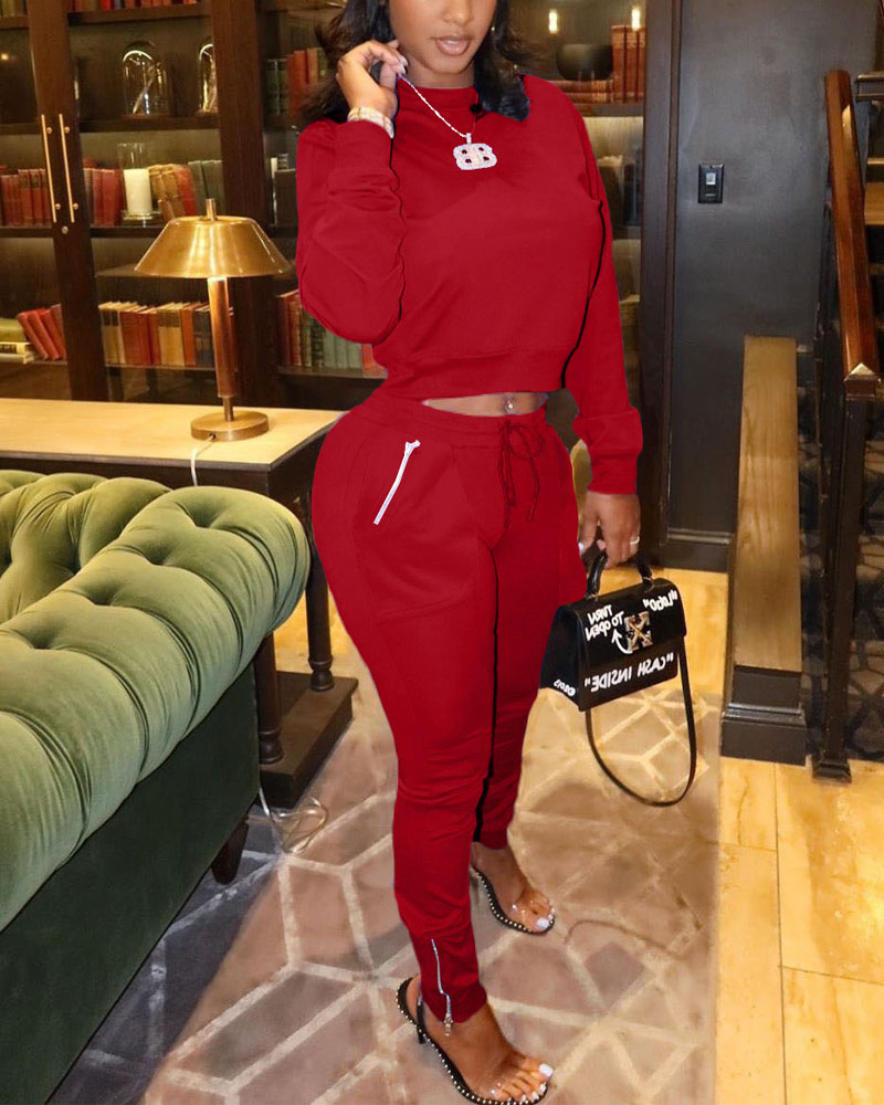 

Long Sleeve Top & Zip Pocket Drawstring Pants Set, Red