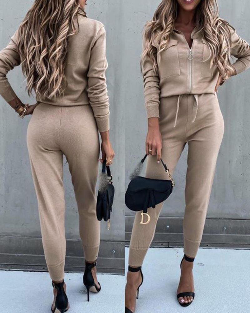 

Zipper Pocket Design Long Sleeve Top & Drawstring Pants Set, Khaki
