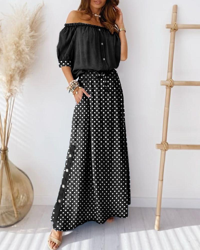 

Polka Dots Off Shoulder Button Design Top & Skirt Sets, Black