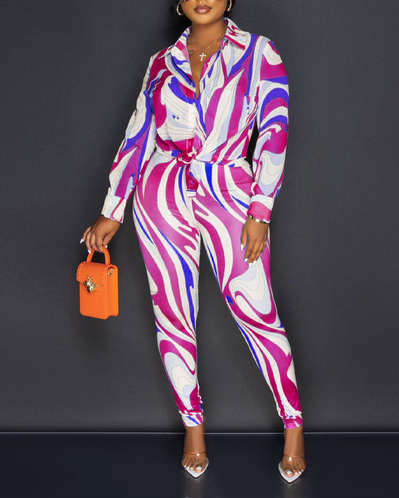 

Abstract Print Button Down Shirt & Pants Set, Purple