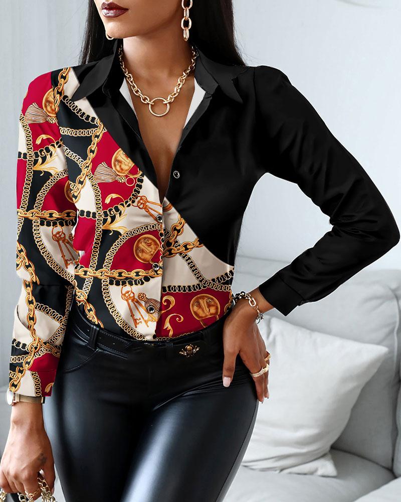 

Chain Scarf Print Long Sleeve Button Down Shirt, Multicolor