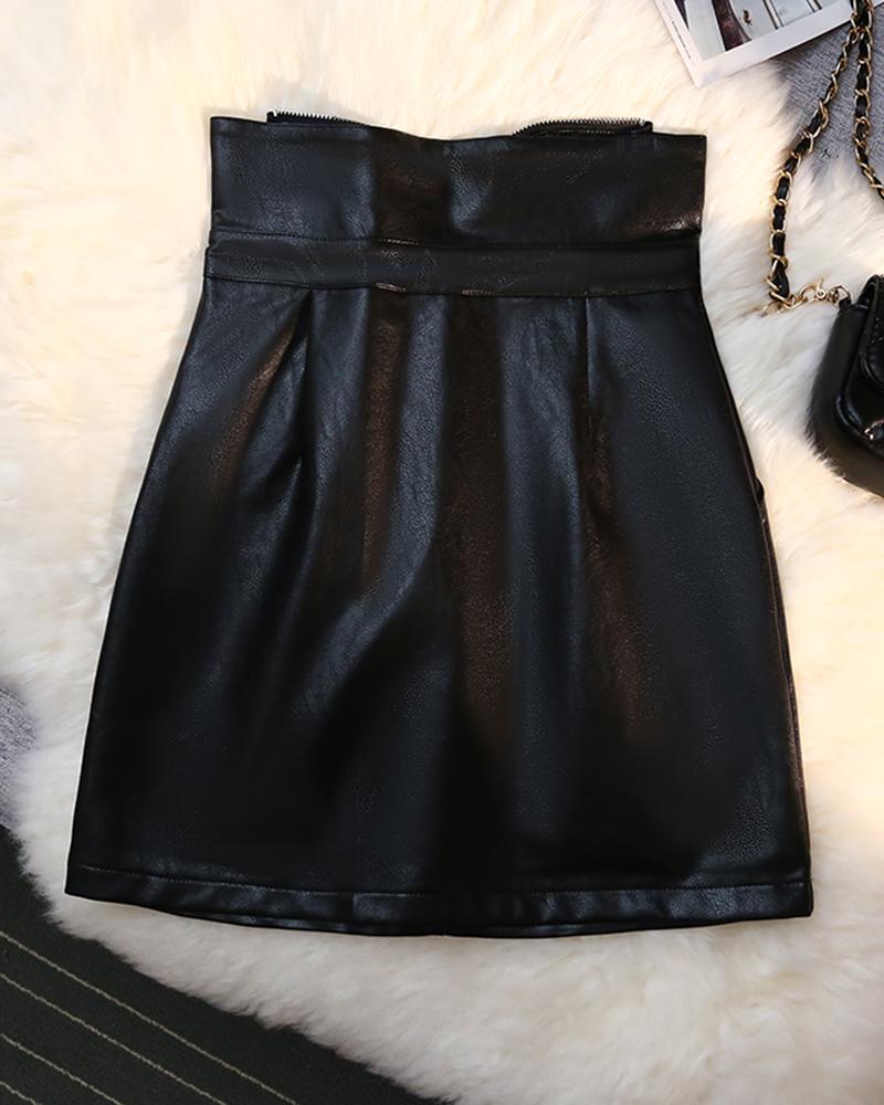 

High Waist PU Leather Zipper Design Skirt, Black