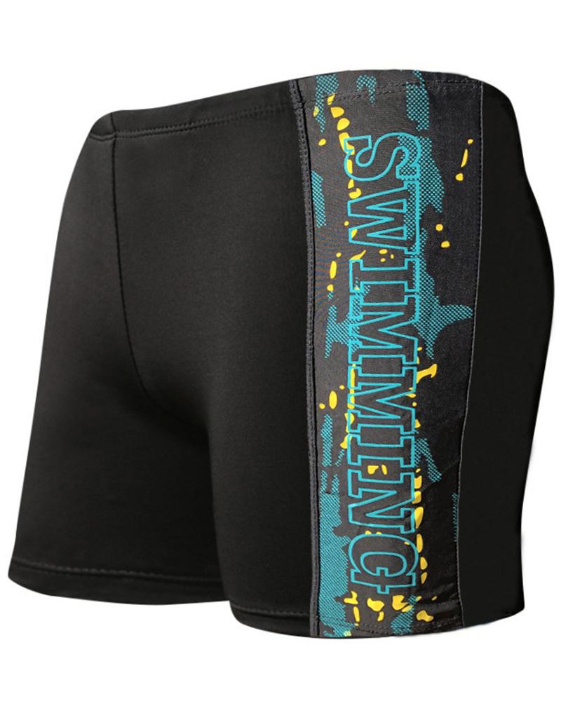 

Color Block Splicing Letter Print Swim Short Pants, Black