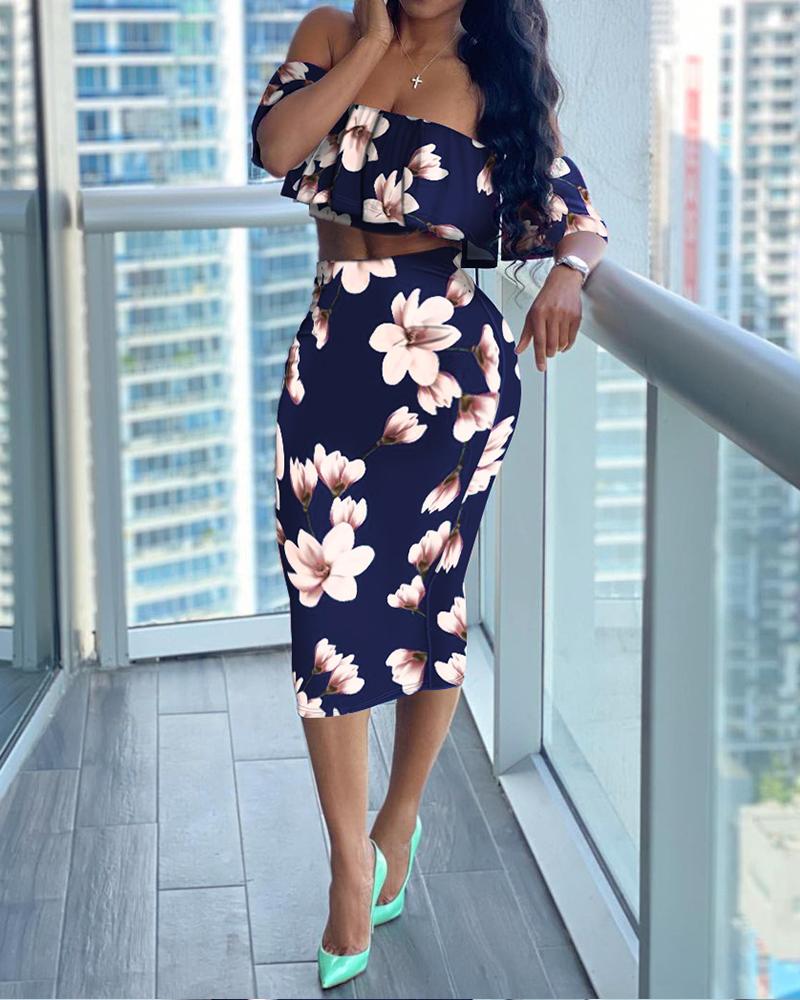 

Off Shoulder Ruffle Trim Floral Print Crop Top & Skirt Set, Purplish blue
