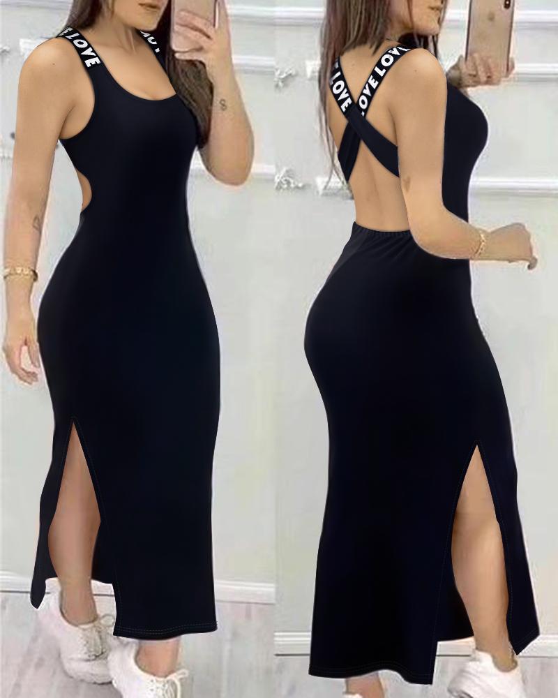 

Love Print Crisscross Backless Slit Casual Dress, Black