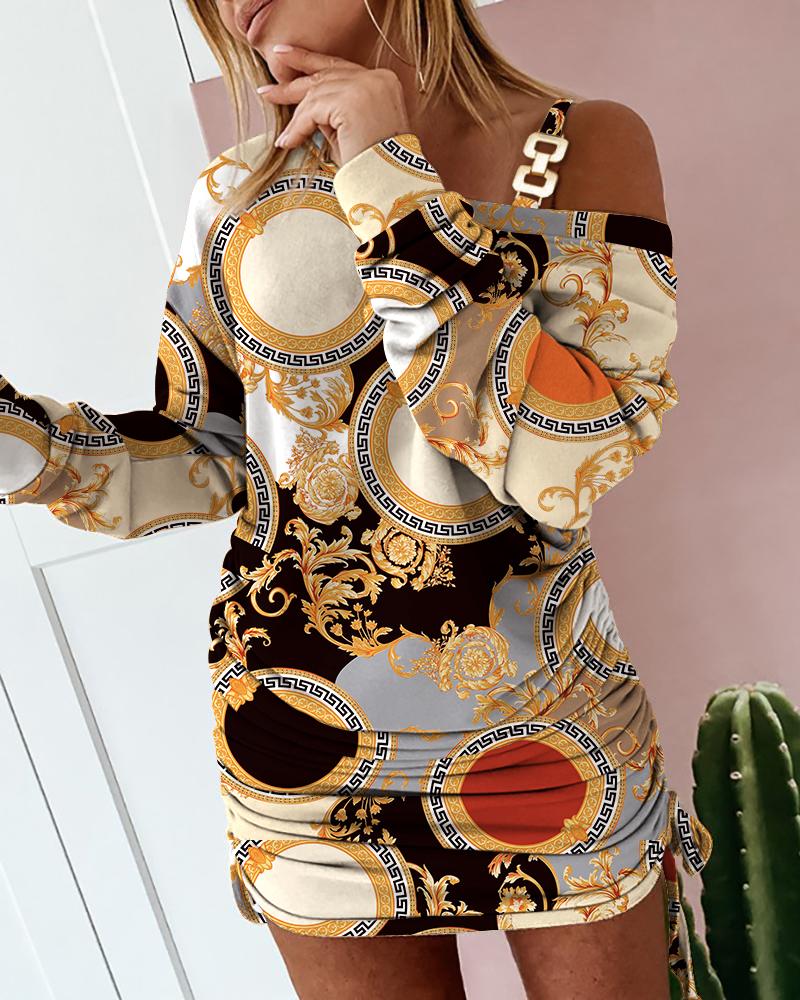 

Baroque Print Cold Shoulder Drawstring Long Sleeve Dress, Multicolor