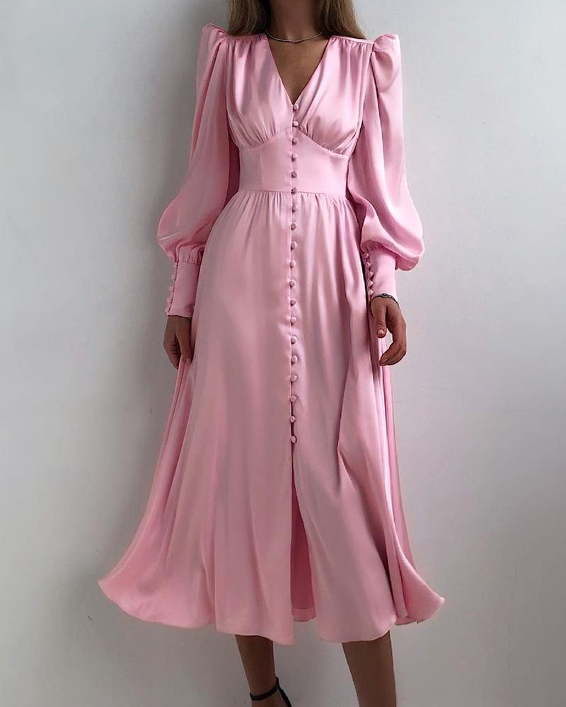 

Puff Lantern Sleeve Button Front Satin Dress, Pink