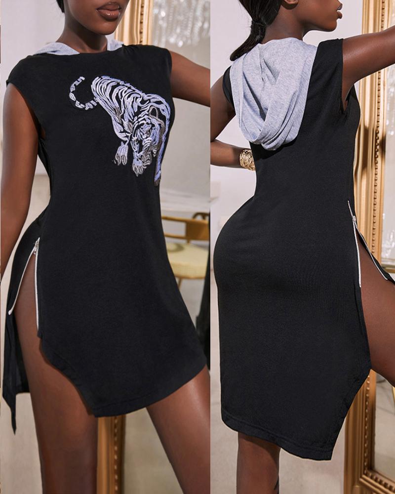 

Tiger Print Slit Zipper Decor Hooded Dress, Black