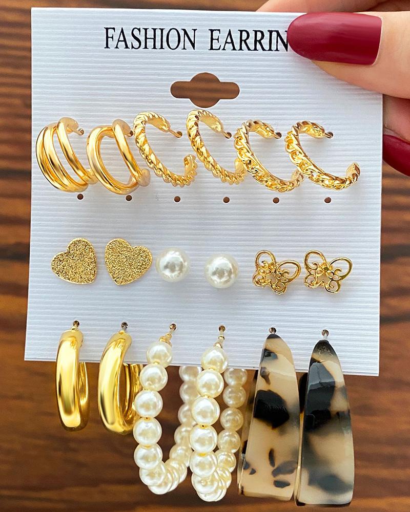 

9Pairs Retro Heart Butterfly Shaped Beaded Earrings Set, Gold