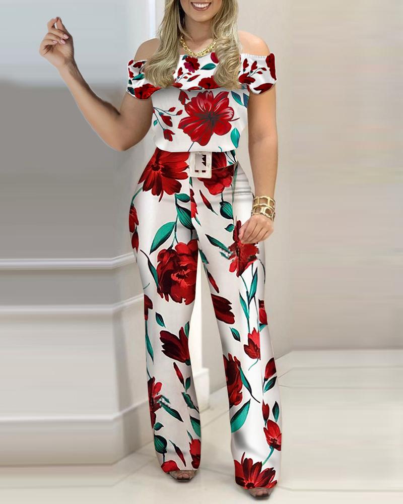 

Off Shoulder Floral Print Top & Pants Sets, White
