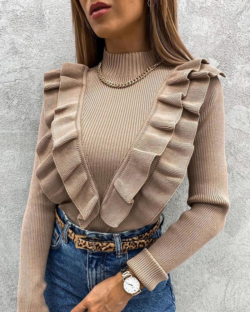 

Ruffles Hem Long Sleeve Sweater, Coffee