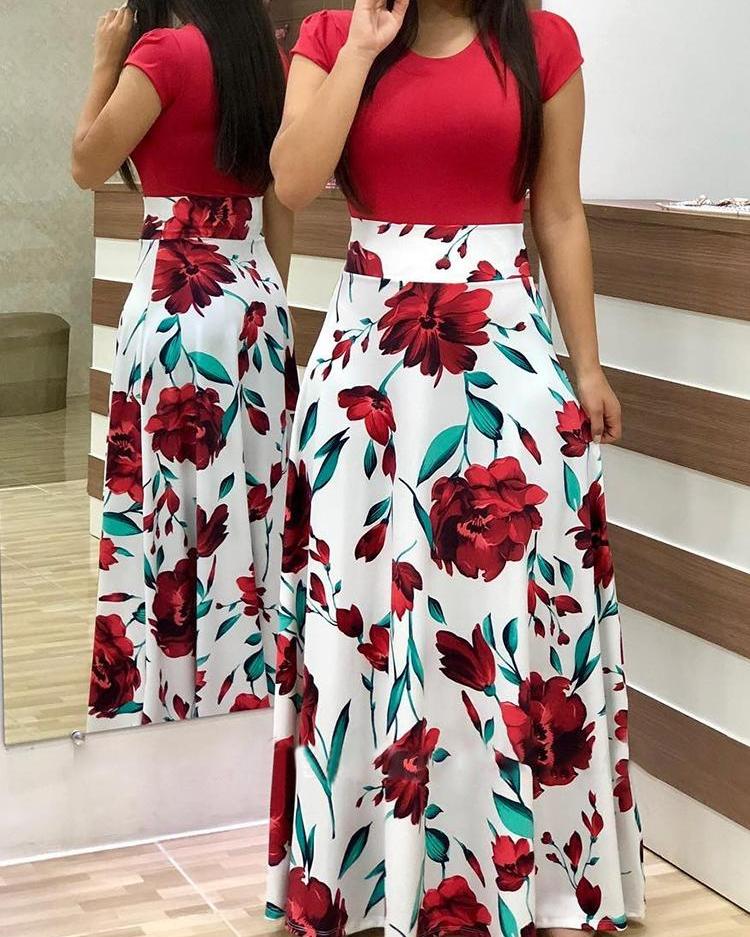 

Short Sleeve Floral Print Maxi Dress, Red