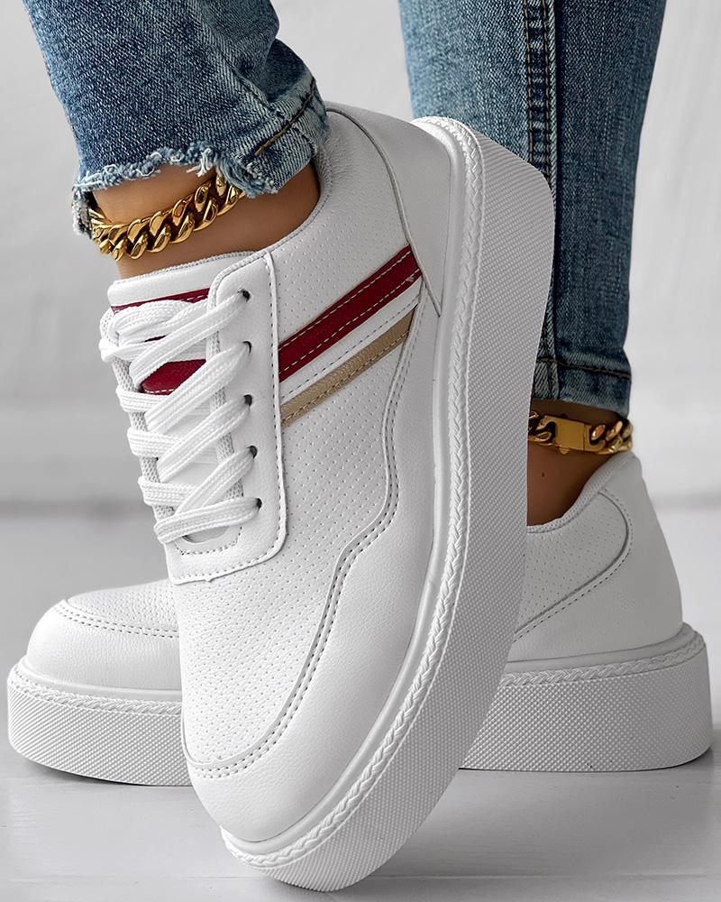 

Striped Lace-up Platform Casual Sneakers, White