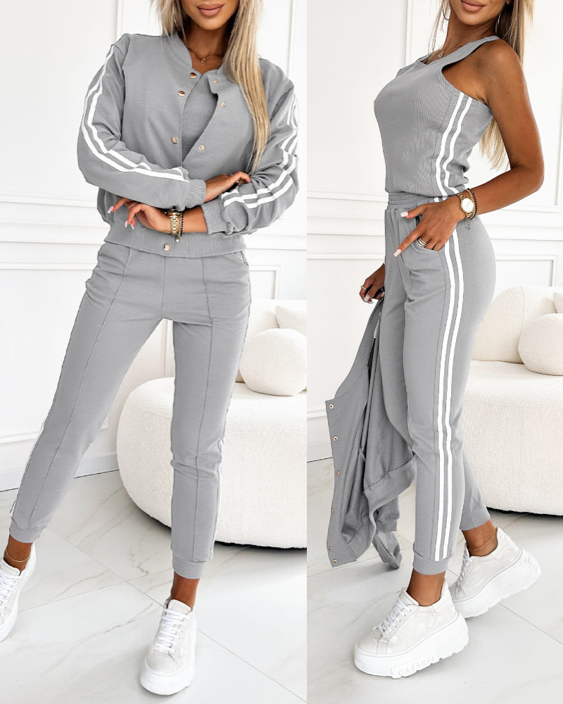 

Striped Tape Patch Tank Top & Cuffed Pants Set With Buttoned Jacket, Gray