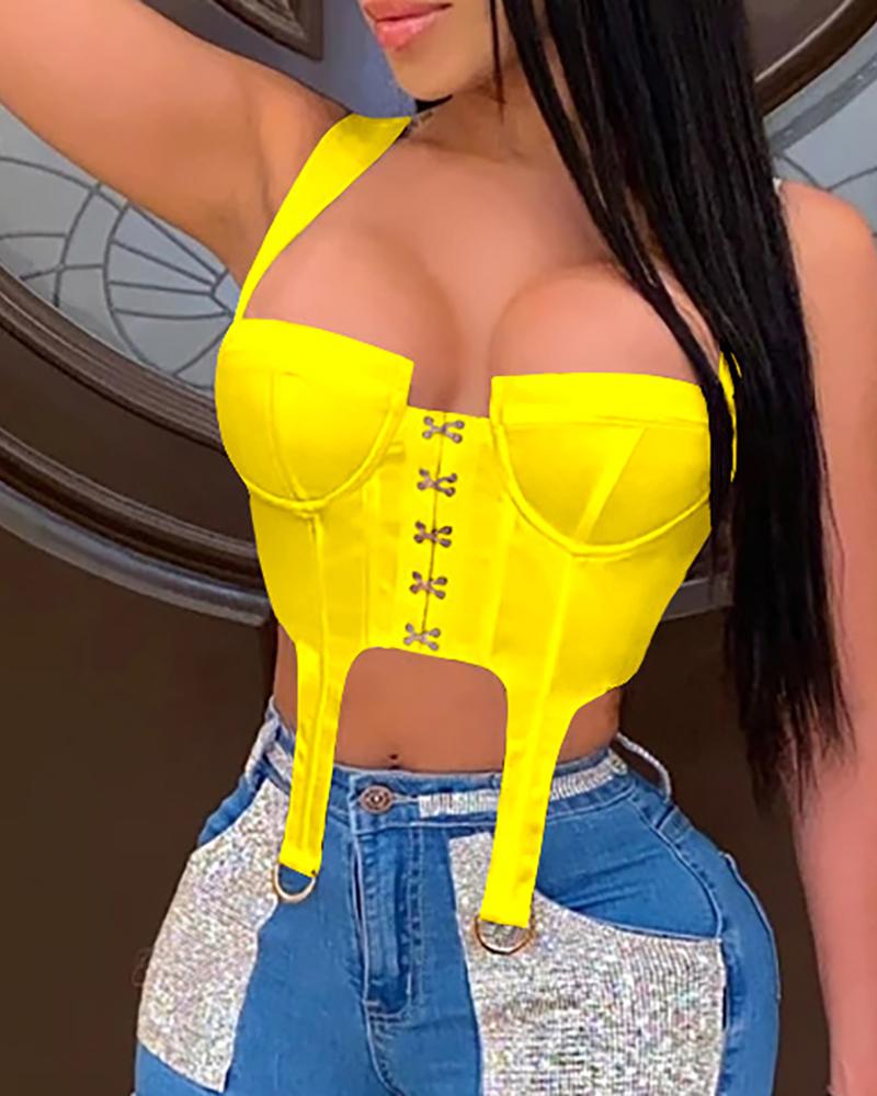 

Eyelet O-Ring Design Solid Corset Top, Yellow