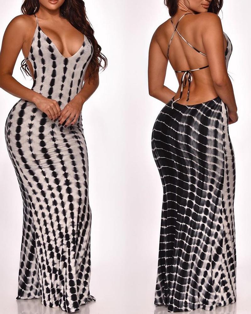 

Plunge Tie Dye Print Crisscross Backless Maxi Dress, Black