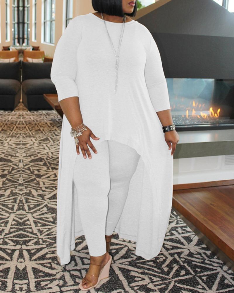 

Solid Asymmetrical Hem Top & Pants Set, White