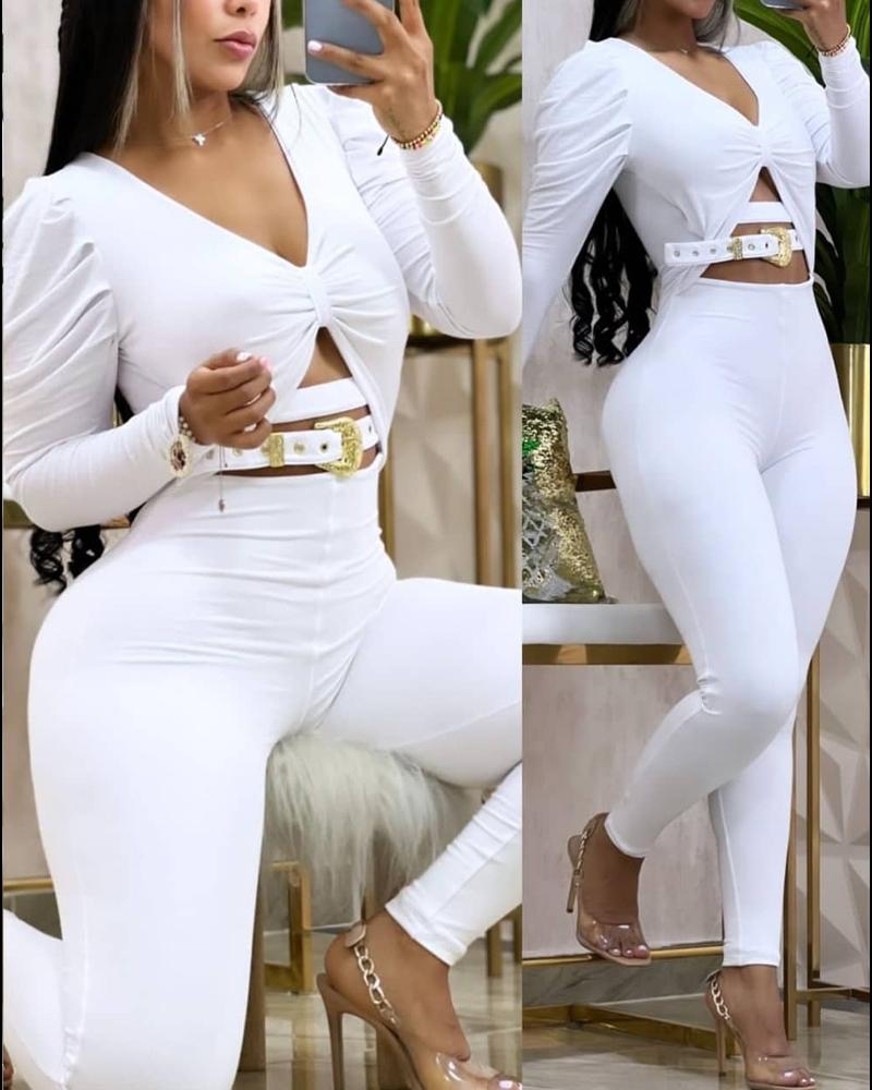 

Gigot Sleeve Ruched Cutout Belted Jumpsuit, White