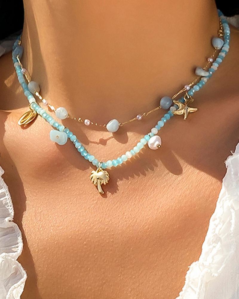 

2pcs Bohemian Beaded Star Leaf Pendant Necklaces Set, Gold