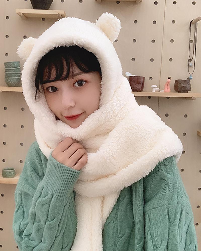 

3D Ear Fluffy Hat With Scarf, White