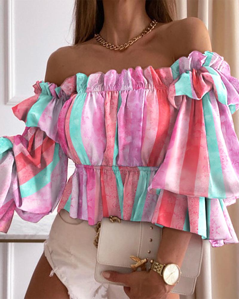 

Colorful Striped Off Shoulder Frill Hem Top, Multicolor