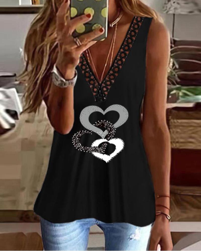 

Heart Print Contrast Lace Tank Top, Black