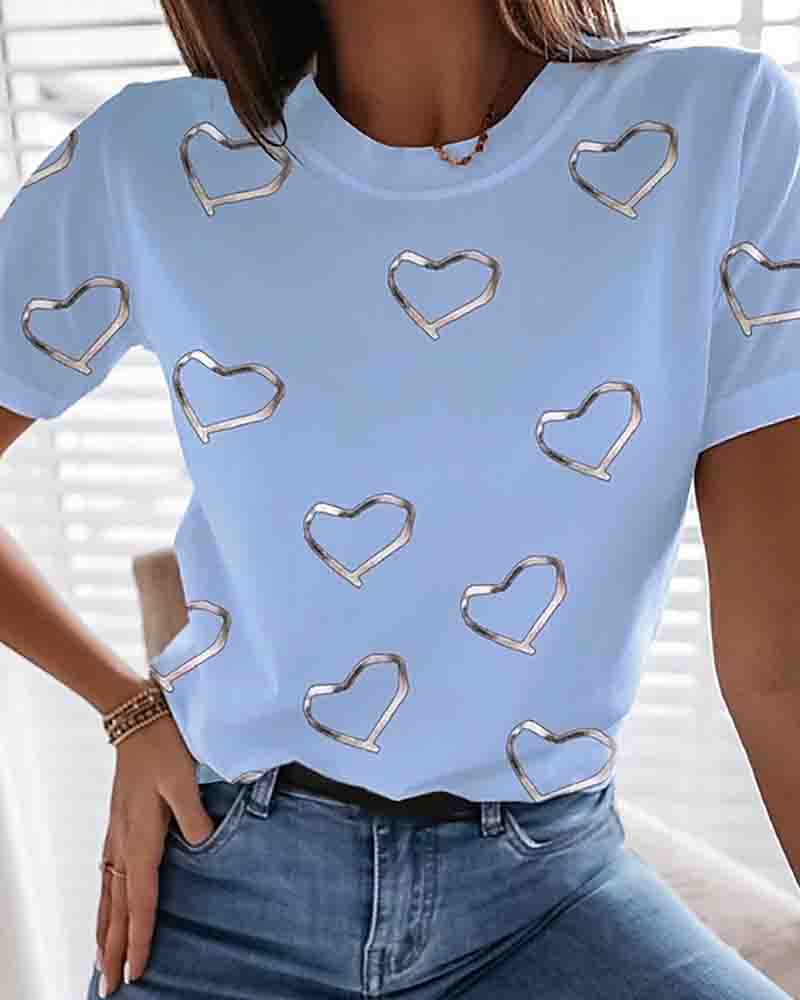

Graphic Heart Print Round Neck Tops Cotton Basic T-shirt, Blue