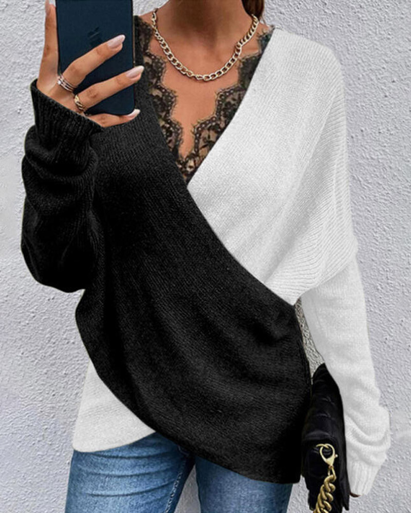 

Colorblock Contrast Lace V-Neck Wrap Sweater, White
