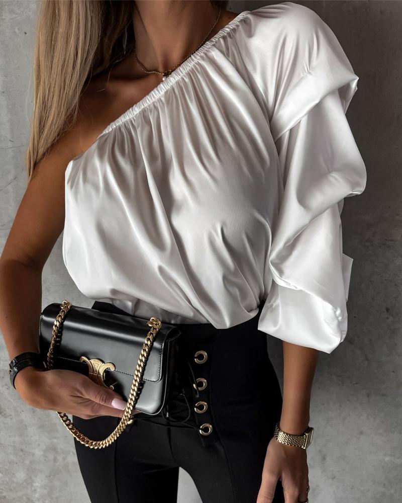 

Plain One Shoulder Ruched Top, White