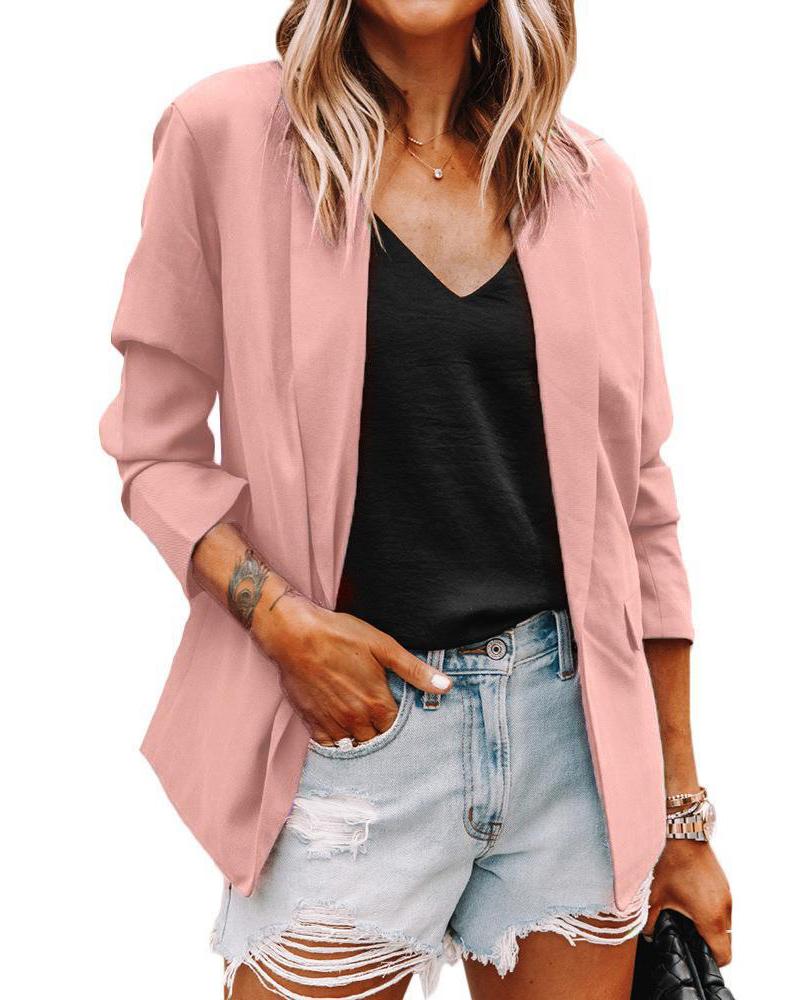 

Button Design Pocket Decor Long Sleeve Blazer Coat, Pink