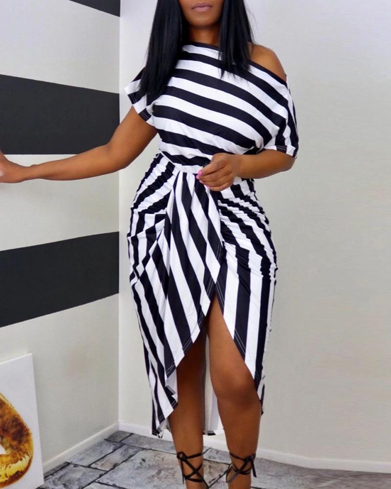 

Striped Colorblock Short Sleeve Asymmetrical Casual Dress, White