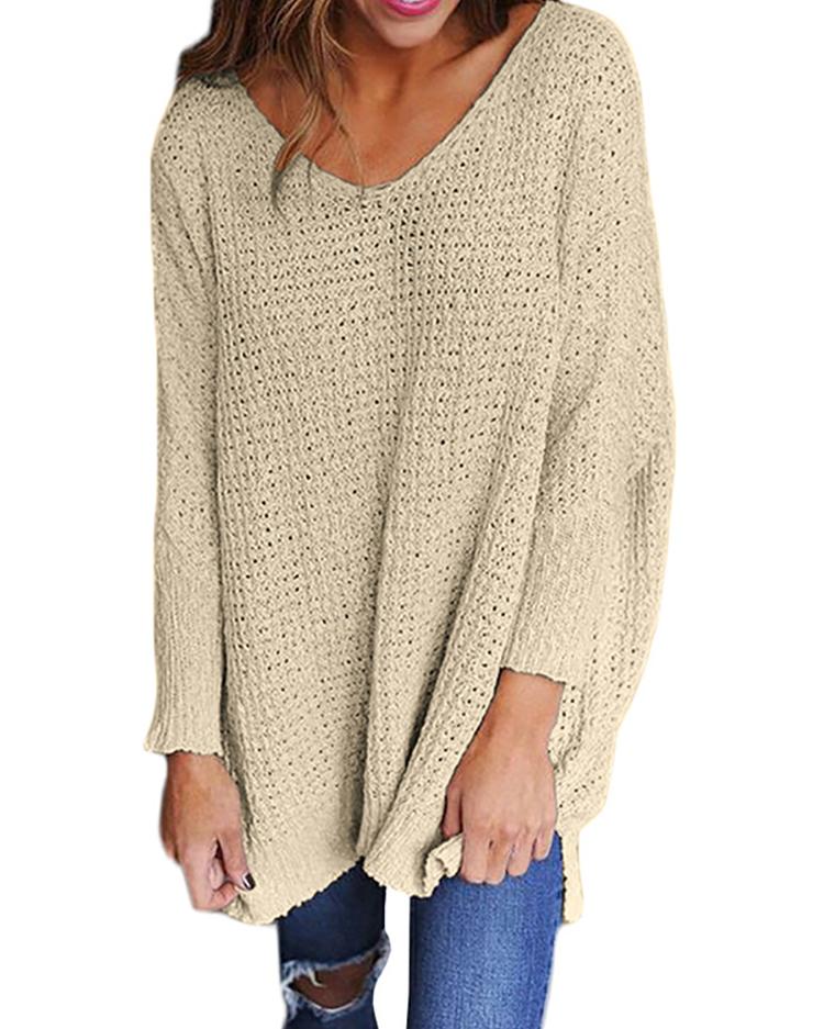 

Long Sleeve V Neck Loose Sweater, Beige