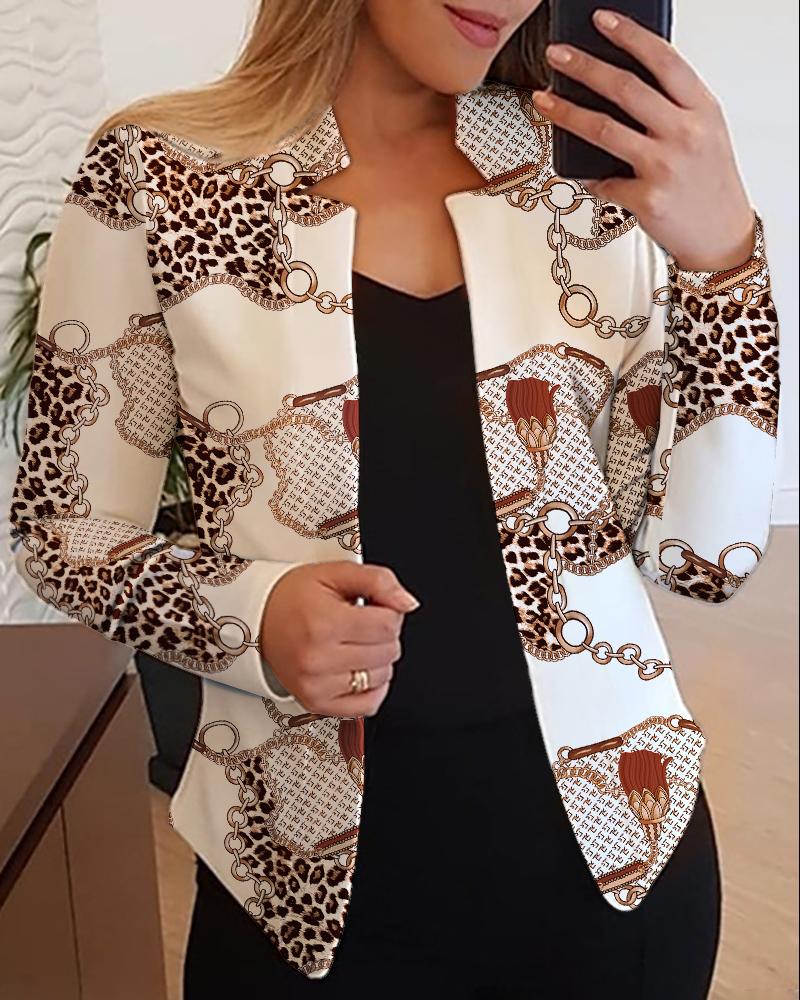

Chain Leopard Print Cutout Design Long Sleeve Coat, White