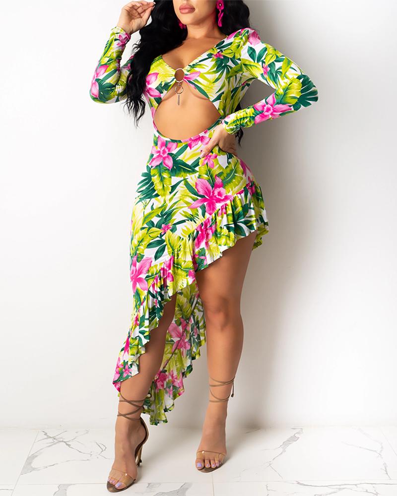 

O-ring Cut Out Irregular Floral Print Dress, Green