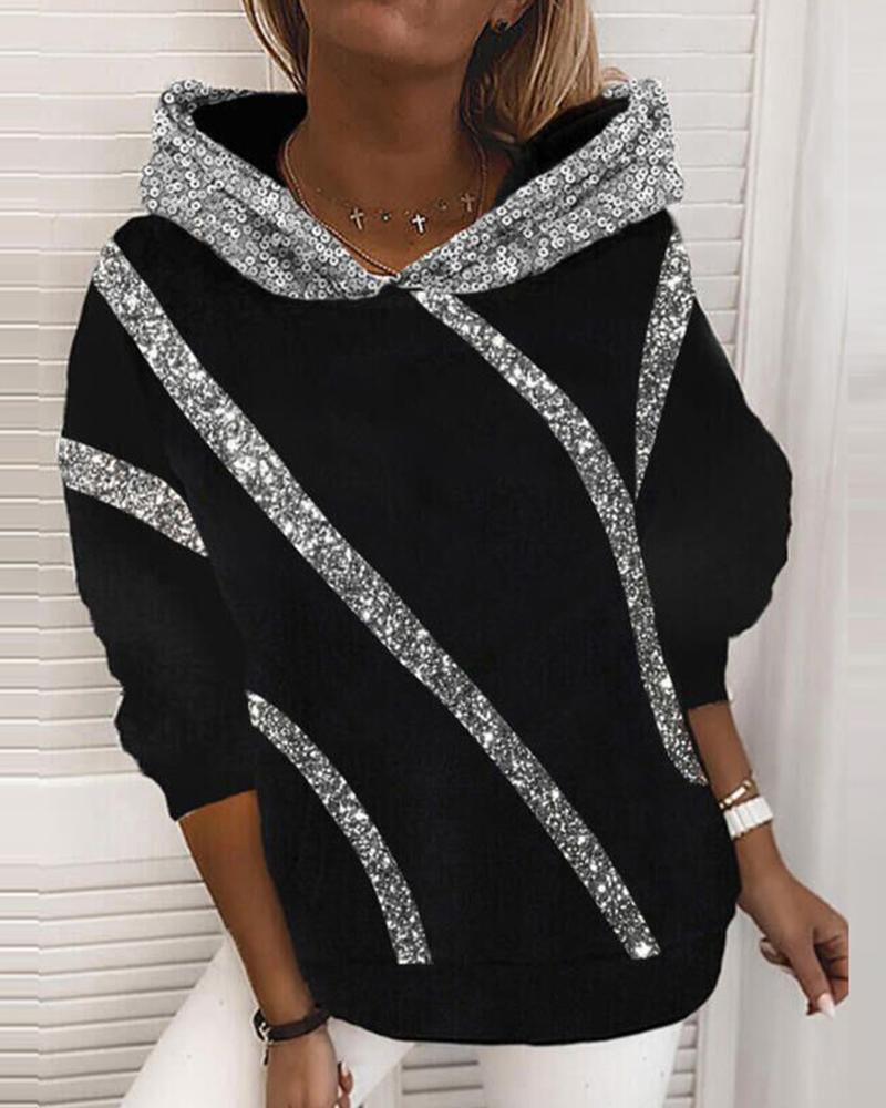 

Contrast Sequin Long Sleeve Hoodie, Black