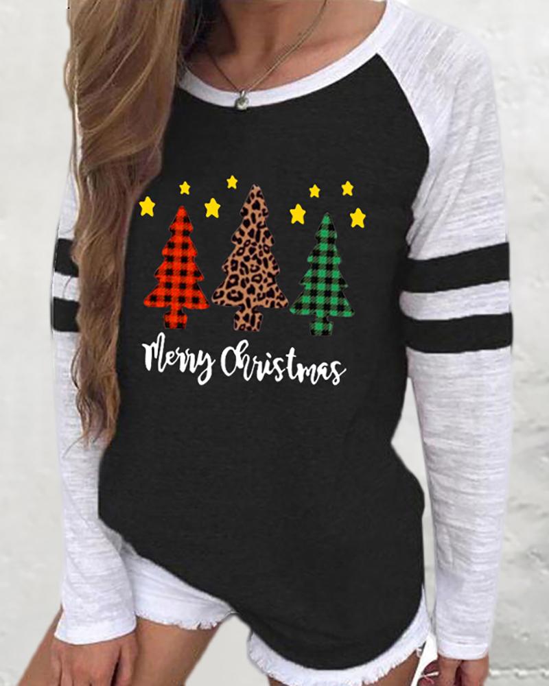 

Christmas Long Sleeve Casual Tree Print Sweatshirt, Black