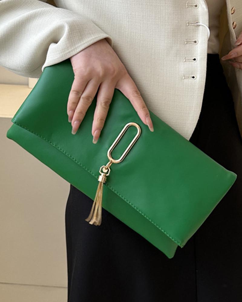 

Tassel Detail Flap Clutch Bag, Green