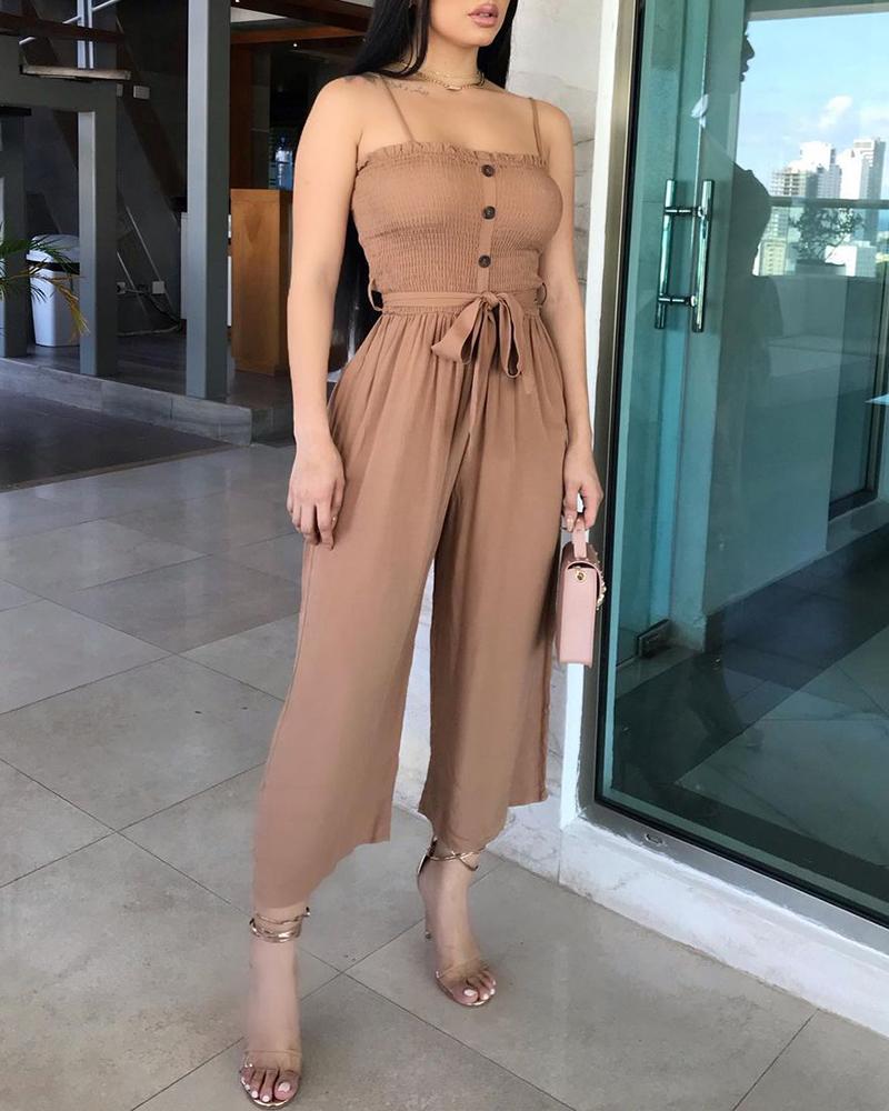 

Spaghetti Strap Tied Detail Buttoned Shirred Jumpsuit, Khaki
