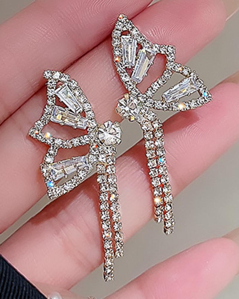

1Pair Rhinestone Butterfly Shaped Tassel Earrings, Silver