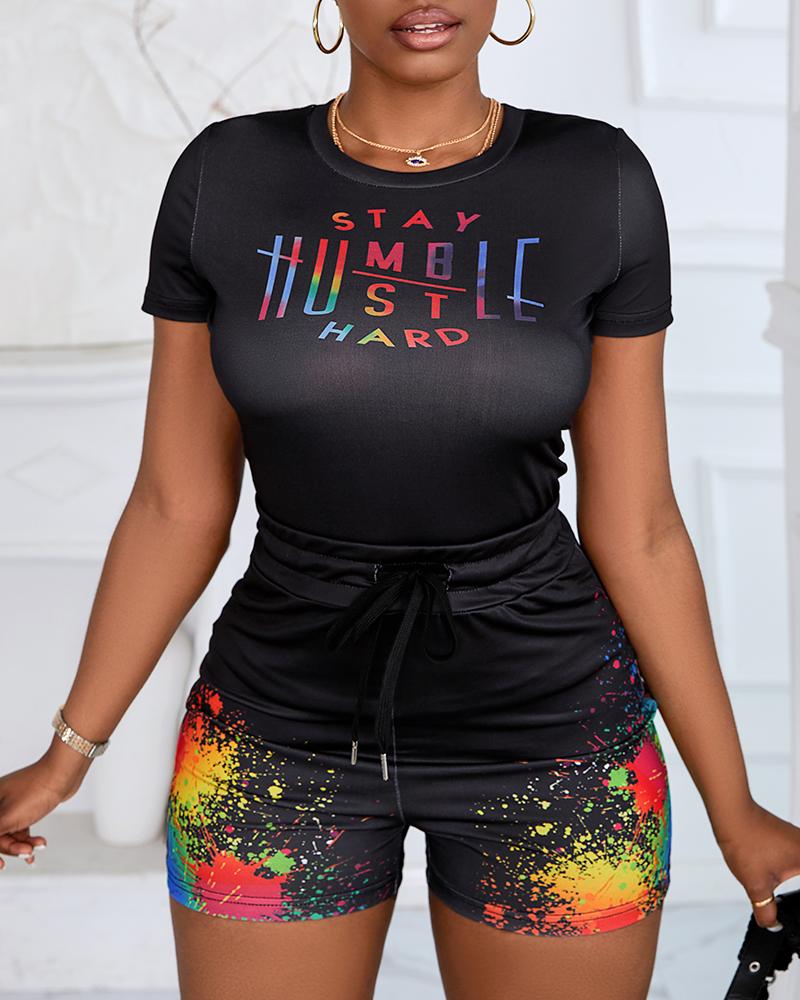 

Stay Humble Hustle Hard Print Casual Top & Ink Splash Shorts Set, Black