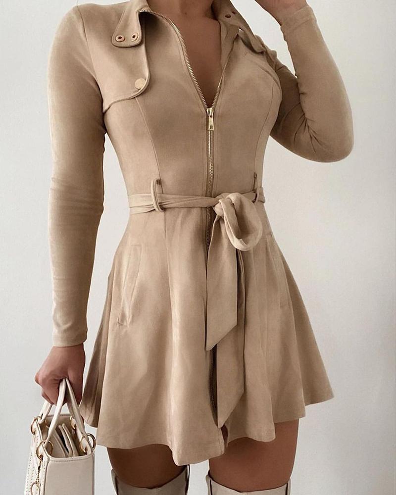 

Plain Zipper Design Long Sleeve Dress, Apricot