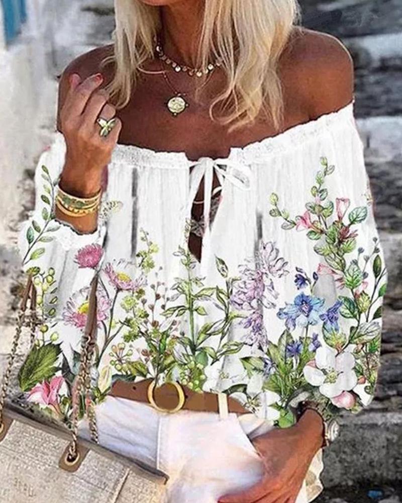

Off Shoulder Floral Print Tie Front Top, White