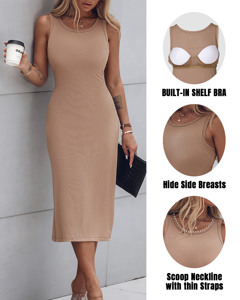 

Robe moulante à soutien-gorge intégré sans manches, col ras du cou, coupe slim, décontractée, côtelée, mi-mollet, Khaki