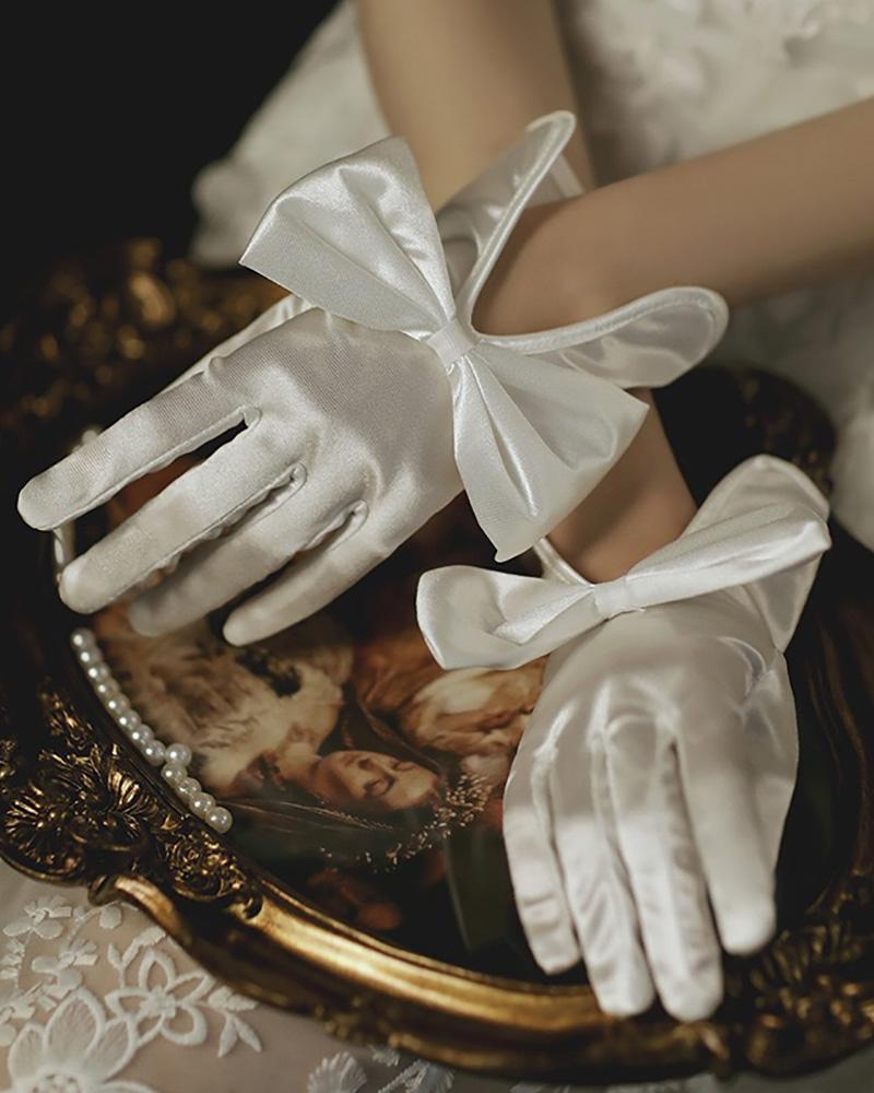 

Asymmetrical Bowknot Decor Satin Gloves, White
