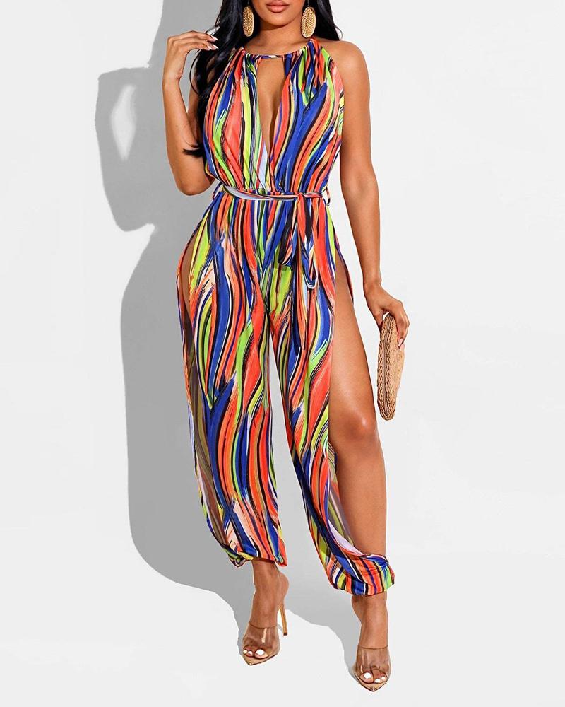 

Tie Dye Print High Slit Belted Jumpsuit, Orange