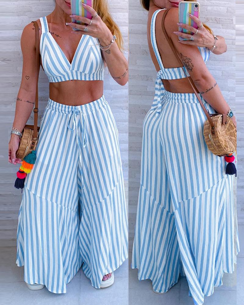 

Striped Crop Vest Top & Drawstring Wide Leg Pants Set, Blue