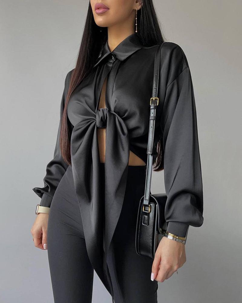 

Lantern Sleeve Satin Tied Detail Top, Black